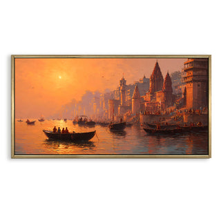 Banaras Ghats Painting Wall Art – Varanasi Riverfront with Golden Floater Frame – HD Print Large Canvas, Ready to Hang, Size: 2X4FT, (BAWA39).