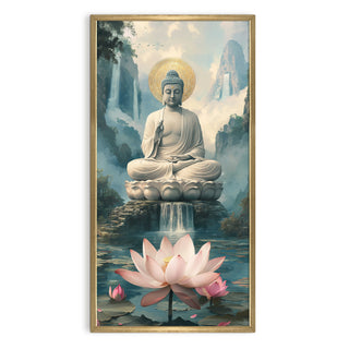 Serene Buddha Portrait with Lotus and Waterfall Wall Art, HD Canvas Print, Golden Box Framed, Ready to Hang, (48 In x 24 In) (BUDDHA-WA-38)