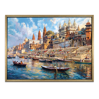 Banaras Ghats Painting Wall Art – Varanasi Riverfront with Golden Floater Frame – HD Print Large Canvas, Ready to Hang, Size: 3X4FT, (BAWA27).