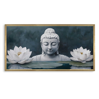 Buddha with White Lotus Wall Art, HD Canvas Print, Golden Box Framed, Ready to Hang, (24 In x 48 In) (BUDDHA-WA-02)