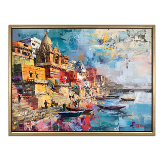 Banaras Ghats Painting Wall Art – Varanasi Riverfront with Golden Floater Frame – HD Print Large Canvas, Ready to Hang, Size: 3X4FT, (BAWA02).