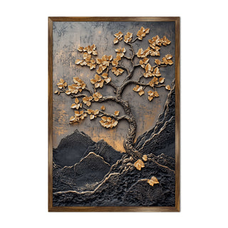 Abstract Golden Lucky Wish tree, HD Canvas Print, Framed, Ready to Hang.(20In x 30In) (VAWA007)