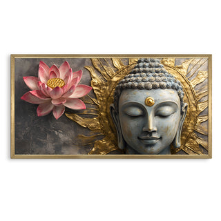 Golden Aura Buddha with Lotus Wall Art, HD Canvas Print, Golden Box Framed, Ready to Hang, (24 In x 48 In) (BUDDHA-WA-06)