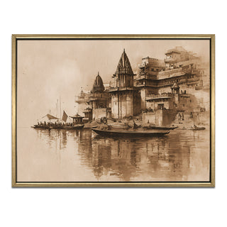 Banaras Ghats Painting Wall Art – Varanasi Riverfront with Golden Floater Frame – HD Print Large Canvas, Ready to Hang, Size: 3X4FT, (BAWA30).