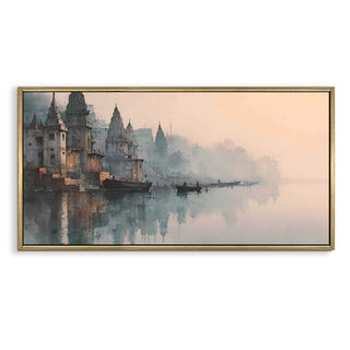 Banaras Ghats Painting Wall Art – Varanasi Riverfront with Golden Floater Frame – HD Print Large Canvas, Ready to Hang, Size: 2X4FT, (BAWA38).