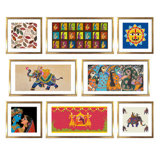 Indian Folk & Madhubani Art – Set of 8 Framed Acrylic Paintings in Golden Box Frames (INETHPA01)