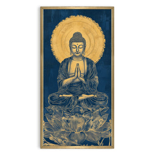 Golden Outline Buddha Portrait on Lotus Wall Art, HD Canvas Print, Golden Box Framed, Ready to Hang, (48 In x 24 In) (BUDDHA-WA-46)