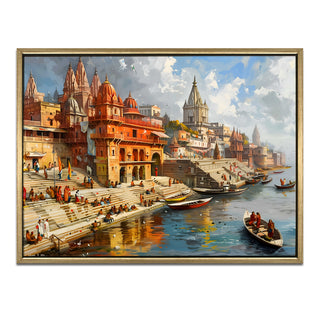 Banaras Ghats Painting Wall Art – Varanasi Riverfront with Golden Floater Frame – HD Print Large Canvas, Ready to Hang, Size: 3X4FT, (BAWA07).