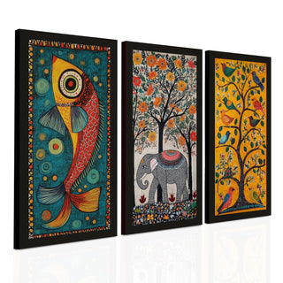 Madhubani paintings for living room. Set of 3 canvas wrapped framed madhubani art for wall decor. 12 x 24 inch x 3 frames (MDBWA003)