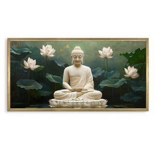 White Buddha with Lotus Pond Wall Art, HD Canvas Print, Golden Box Framed, Ready to Hang, (24 In x 48 In) (BUDDHA-WA-16)