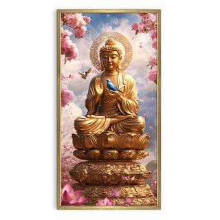 Golden Buddha Portrait with Bluebird Wall Art, HD Canvas Print, Golden Box Framed, Ready to Hang, (48 In x 24 In) (BUDDHA-WA-41)