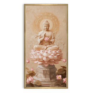 Enlightened Buddha on Lotus Throne Portrait Wall Art, HD Canvas Print, Golden Box Framed, Ready to Hang, (48 In x 24 In) (BUDDHA-WA-37)