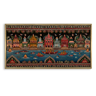 Banaras Ghats Painting Wall Art – Varanasi Riverfront with Golden Floater Frame – HD Print Large Canvas, Ready to Hang, Size: 2X4FT, (BAWA46).