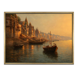 Banaras Ghats Painting Wall Art – Varanasi Riverfront with Golden Floater Frame – HD Print Large Canvas, Ready to Hang, Size: 3X4FT, (BAWA13).