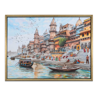 Banaras Ghats Painting Wall Art – Varanasi Riverfront with Golden Floater Frame – HD Print Large Canvas, Ready to Hang, Size: 3X4FT, (BAWA31).