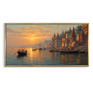 Banaras Ghats Painting Wall Art – Varanasi Riverfront with Golden Floater Frame – HD Print Large Canvas, Ready to Hang, Size: 2X4FT, (BAWA35).