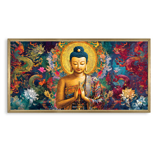 Divine Buddha with Prayer Pose Wall Art, HD Canvas Print, Golden Box Framed, Ready to Hang, (24 In x 48 In) (BUDDHA-WA-21)