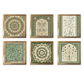 Ethnic Wall Art Set of 6 | HD Canvas Print | Ready to Hang | Golden Box Frame Panels for Home & Office Décor | Each Frame Size: 14X14 INCH (ETHF05)