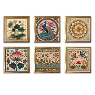 Ethnic Wall Art Set of 6 | HD Canvas Print | Ready to Hang | Golden Box Frame Panels for Home & Office Décor | Each Frame Size: 14X14 INCH (ETHF02)