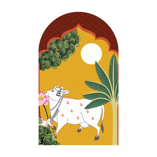 Pichwai Cow Temple Background Arch Wall Mural – Peel & Stick Cow Wallpaper – Waterproof Self Adhesive Vinyl Sticker for Living Room, Entryway – Size: 5ft x 3ft (PDAWALL03)