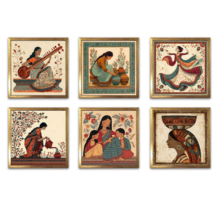 Ethnic Wall Art Set of 6 | HD Canvas Print | Ready to Hang | Golden Box Frame Panels for Home & Office Décor | Each Frame Size: 14X14 INCH (ETHF03)