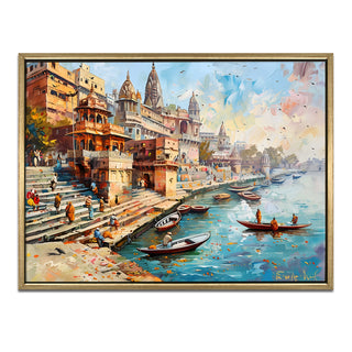 Banaras Ghats Painting Wall Art – Varanasi Riverfront with Golden Floater Frame – HD Print Large Canvas, Ready to Hang, Size: 3X4FT, (BAWA28).