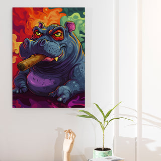 Smokin’ Hippo Hustle Wall Art Painting, HD Canvas Print, Framed, Ready to Hang. (GRFWA82)