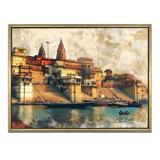 Banaras Ghats Painting Wall Art – Varanasi Riverfront with Golden Floater Frame – HD Print Large Canvas, Ready to Hang, Size: 3X4FT, (BAWA01).