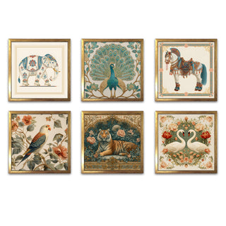 Ethnic Wall Art Set of 6 | HD Canvas Print | Ready to Hang | Golden Box Frame Panels for Home & Office Décor | Each Frame Size: 14X14 INCH (ETHF08)