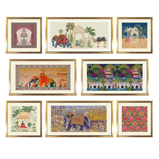 Royal Mughal Miniature Art – Set of 8 Acrylic Paintings in Golden Box Frames (MUGHAL-8F-02)