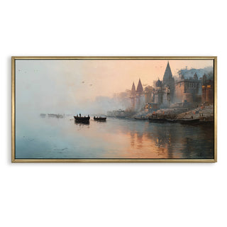 Banaras Ghats Painting Wall Art – Varanasi Riverfront with Golden Floater Frame – HD Print Large Canvas, Ready to Hang, Size: 2X4FT, (BAWA44).