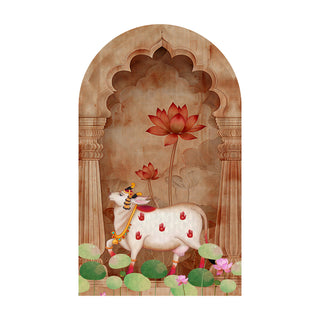 Pichwai Cow Temple Background Arch Wall Mural – Peel & Stick Cow Wallpaper – Waterproof Self Adhesive Vinyl Sticker for Living Room, Entryway – Size: 5ft x 3ft (PDAWALL06)