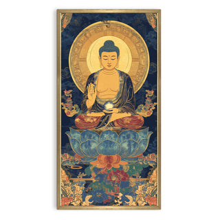 Golden Buddha Portrait on Blue Lotus Wall Art, HD Canvas Print, Golden Box Framed, Ready to Hang, (48 In x 24 In) (BUDDHA-WA-44)