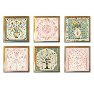 Ethnic Wall Art Set of 6 | HD Canvas Print | Ready to Hang | Golden Box Frame Panels for Home & Office Décor | Each Frame Size: 14X14 INCH (ETHF01)