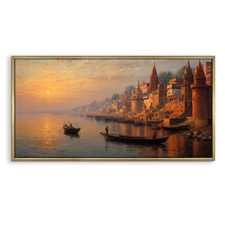 Banaras Ghats Painting Wall Art – Varanasi Riverfront with Golden Floater Frame – HD Print Large Canvas, Ready to Hang, Size: 2X4FT, (BAWA43).