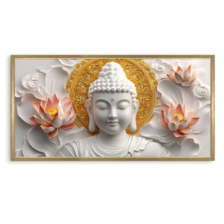 White Buddha with Floral Design Wall Art, HD Canvas Print, Golden Box Framed, Ready to Hang, (24 In x 48 In) (BUDDHA-WA-15)