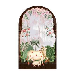 Pichwai Cow Temple Background Arch Wall Mural – Peel & Stick Cow Wallpaper – Waterproof Self Adhesive Vinyl Sticker for Living Room, Entryway – Size: 5ft x 3ft (PDAWALL01)