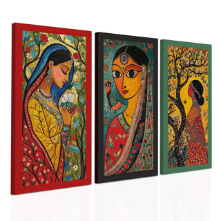 Madhubani paintings for living room. Set of 3 canvas wrapped framed madhubani art for wall decor. 12 x 24 inch x 3 frames (MDBWA002)