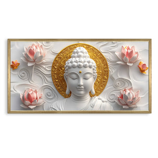 Golden Halo Buddha with Lotus Wall Art, HD Canvas Print, Golden Box Framed, Ready to Hang, (24 In x 48 In) (BUDDHA-WA-07)