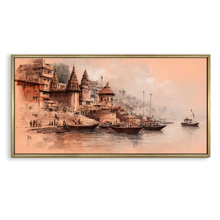Banaras Ghats Painting Wall Art – Varanasi Riverfront with Golden Floater Frame – HD Print Large Canvas, Ready to Hang, Size: 2X4FT, (BAWA37).