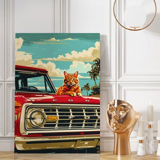 Maximalist Altered Ford Car with Cat Wall Art Print, HD Canvas Print, Framed, Ready to Hang. (POMA05)