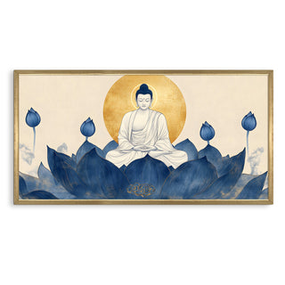 Blue Lotus Buddha Wall Art, HD Canvas Print, Golden Box Framed, Ready to Hang, (24 In x 48 In) (BUDDHA-WA-14)