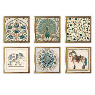 Ethnic Wall Art Set of 6 | HD Canvas Print | Ready to Hang | Golden Box Frame Panels for Home & Office Décor | Each Frame Size: 14X14 INCH (ETHF09)