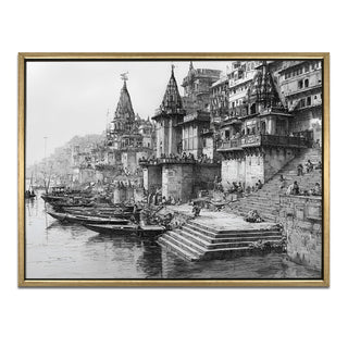 Banaras Ghats Painting Wall Art – Varanasi Riverfront with Golden Floater Frame – HD Print Large Canvas, Ready to Hang, Size: 3X4FT, (BAWA06).