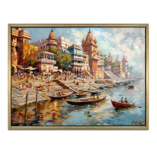 Banaras Ghats Painting Wall Art – Varanasi Riverfront with Golden Floater Frame – HD Print Large Canvas, Ready to Hang, Size: 3X4FT, (BAWA15).