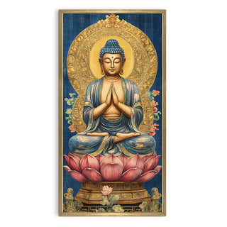 Golden Aura Buddha Portrait on Red Lotus Wall Art, HD Canvas Print, Golden Box Framed, Ready to Hang, (48 In x 24 In) (BUDDHA-WA-47)