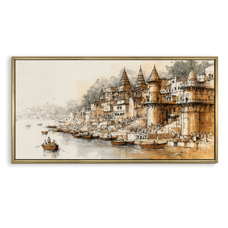 Banaras Ghats Painting Wall Art – Varanasi Riverfront with Golden Floater Frame – HD Print Large Canvas, Ready to Hang, Size: 2X4FT, (BAWA33).