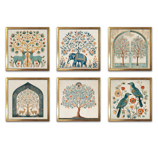 Ethnic Wall Art Set of 6 | HD Canvas Print | Ready to Hang | Golden Box Frame Panels for Home & Office Décor | Each Frame Size: 14X14 INCH (ETHF06)