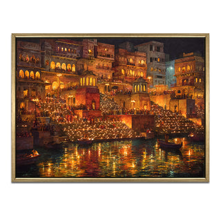 Banaras Ghats Painting Wall Art – Varanasi Riverfront with Golden Floater Frame – HD Print Large Canvas, Ready to Hang, Size: 3X4FT, (BAWA09).
