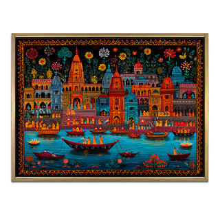 Banaras Ghats Painting Wall Art – Varanasi Riverfront with Golden Floater Frame – HD Print Large Canvas, Ready to Hang, Size: 3X4FT, (BAWA12).